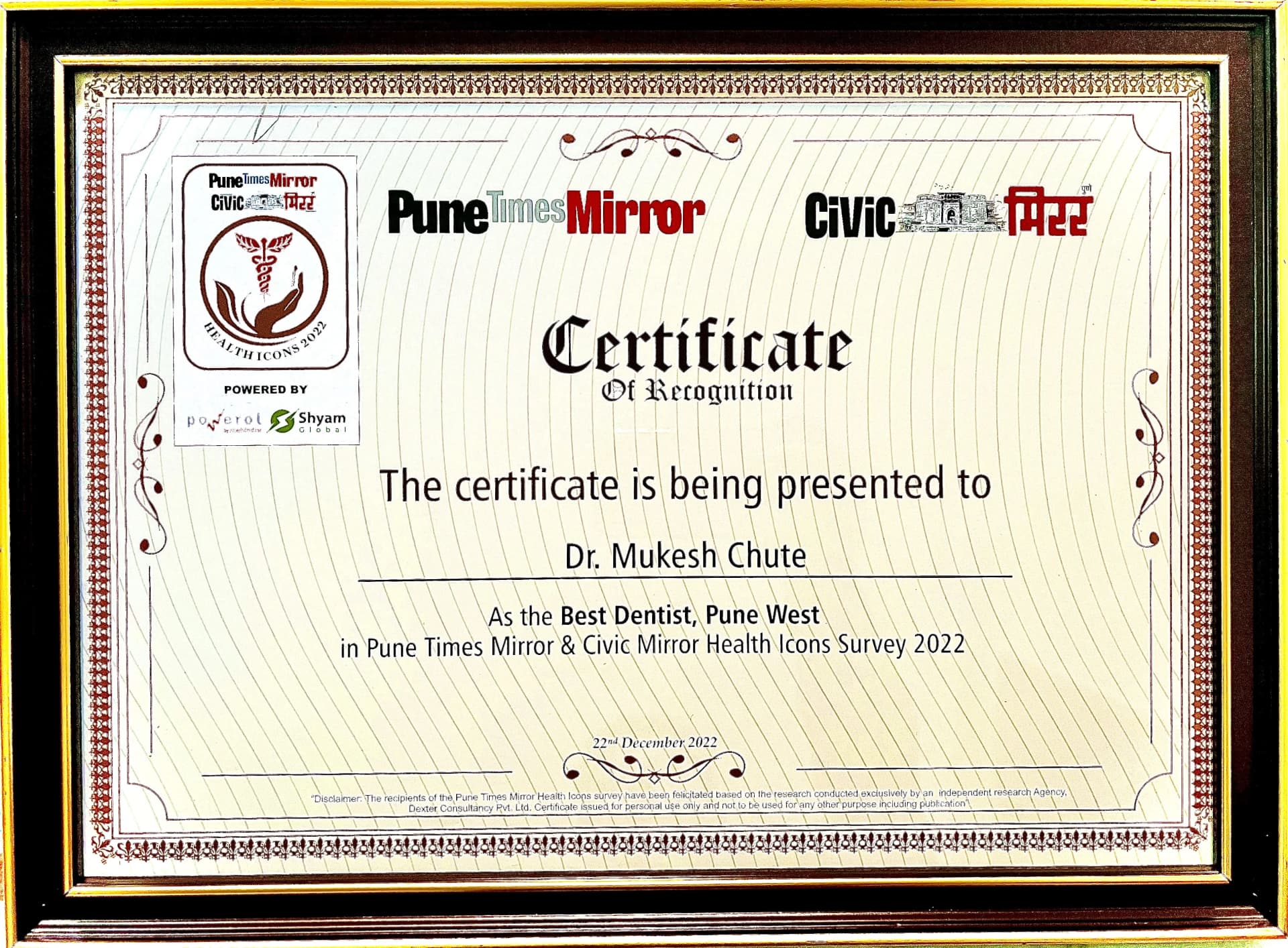 Certificate — Best Dentist, Pune West · Health Icons 2022